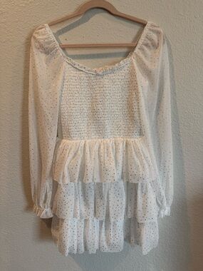 Crystal Doll White Sparkly Smocked Tiered Ruffle Long-Sleeve Dress